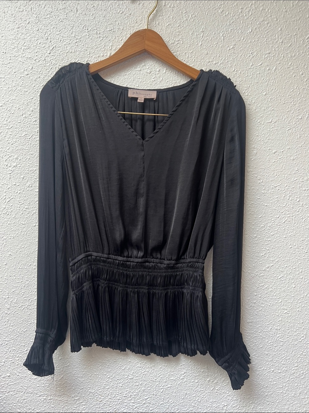 Philosophy Black V-Neck Smocked Peplum Blouse